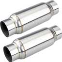 LCGP 3" Inlet Universal Resonator, 3" Outlet 12" Overall Length Stainless Steel Performance Muffler, Polished, Straight Through Design, Deep Tone 2pcs (Silver)