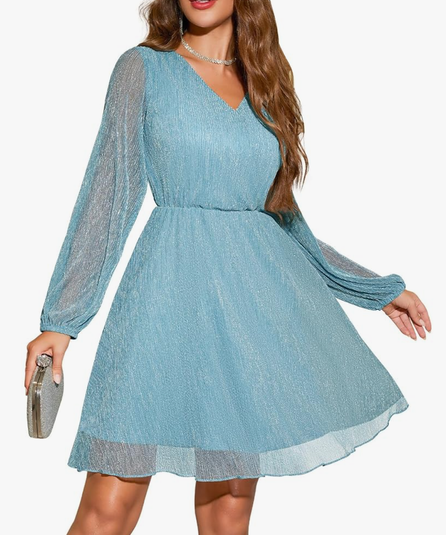 Dressystar Cocktail Long Sleeve Plus Size Dresses for Women V Neck Sparkly Club Sexy Party Mini Homecoming Loose Dress Size XL