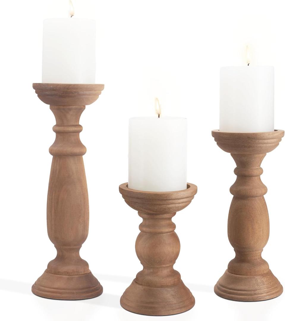 Rustic Wooden Pillar Candle Holders Set of 3, 12'' 9'' 6'' Farmhouse Wood Candle Stand for Table Centerpieces, Vintage Tall Candleholders Fireplace Mantel Decor for Living Room, Brown