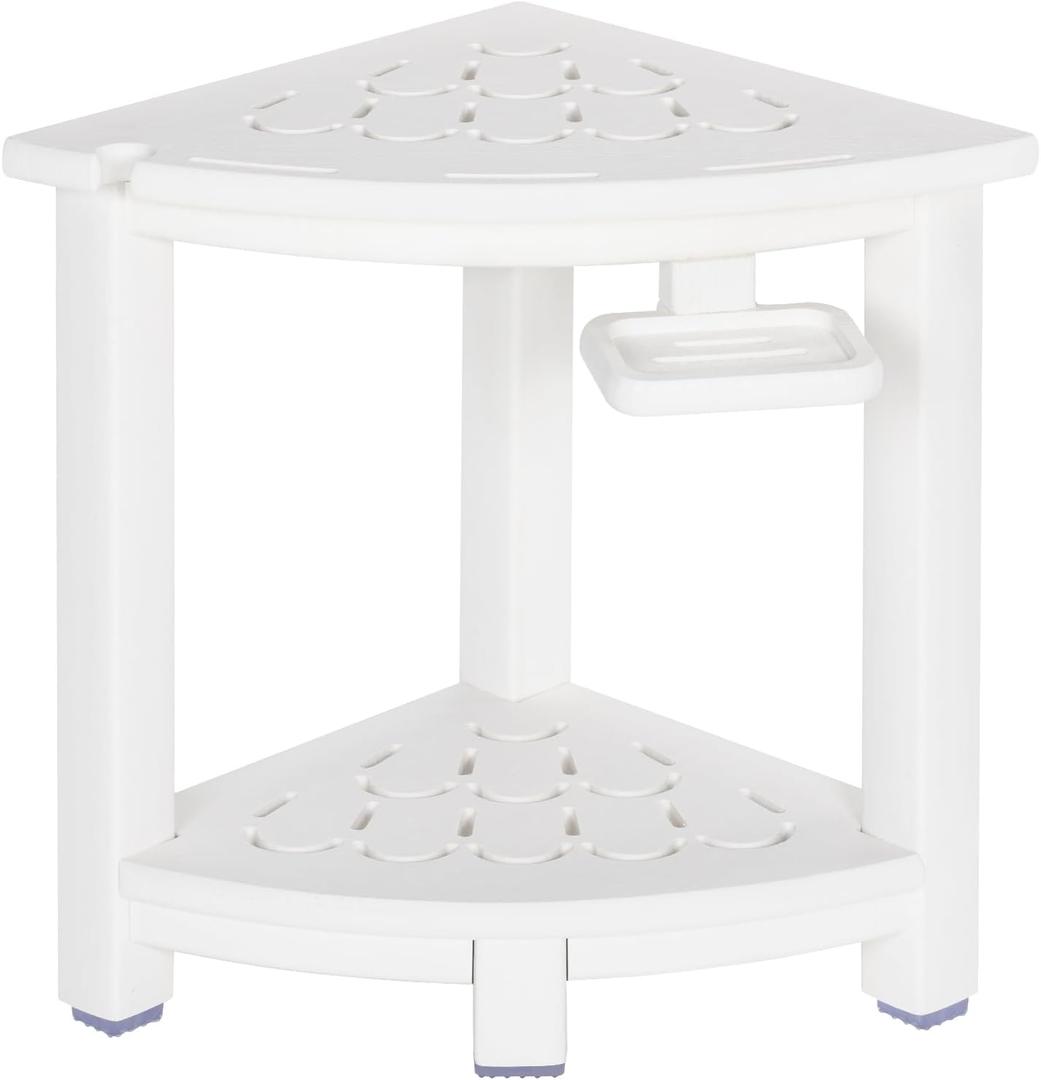 NALONE Corner Shower Stool, HDPE Shower Bench for Inside Shower, Small Shower Chair Seat for Shaving Legs with Storage Shelf, Soap Box and No-Slip Feet (White)