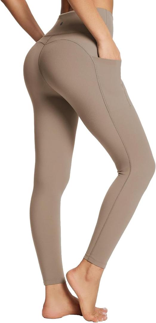 baleaf Women's Leggings with Pockets Black Tummy Control Workout High Waisted Athletic 7/8 Ultra Soft Gym Yoga Ankle Pants (Medium, Light Brown)