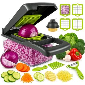 Vegetable Chopper and Slicer Set, 14-in-1 Multifunctional Food Dicer with Container, Multi-Blade Kitchen Mandoline, Green