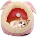 Lcybem Cat Beds for Indoor Cats - Rabbit-Shaped Cat Cave Bed with Hanging Toy,Super Soft Calming cat Tent for Kitten&Puppy,Small Dog,Warm Plush&Machine Washable&Removable Cotton Pad (Pink L)