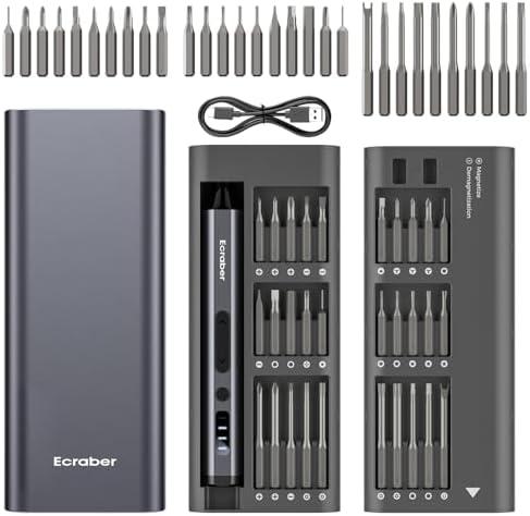 Ecraber 34-in-1 Mini Electric Precision Screwdriver Sets, Cordless Screwdriver with 30pcs S2 Magnetic Bits, 4 LED lIghts, 5 Torque Settings，Repair Tool Kit for Phone, Watch, Drones, Computer, Laptop