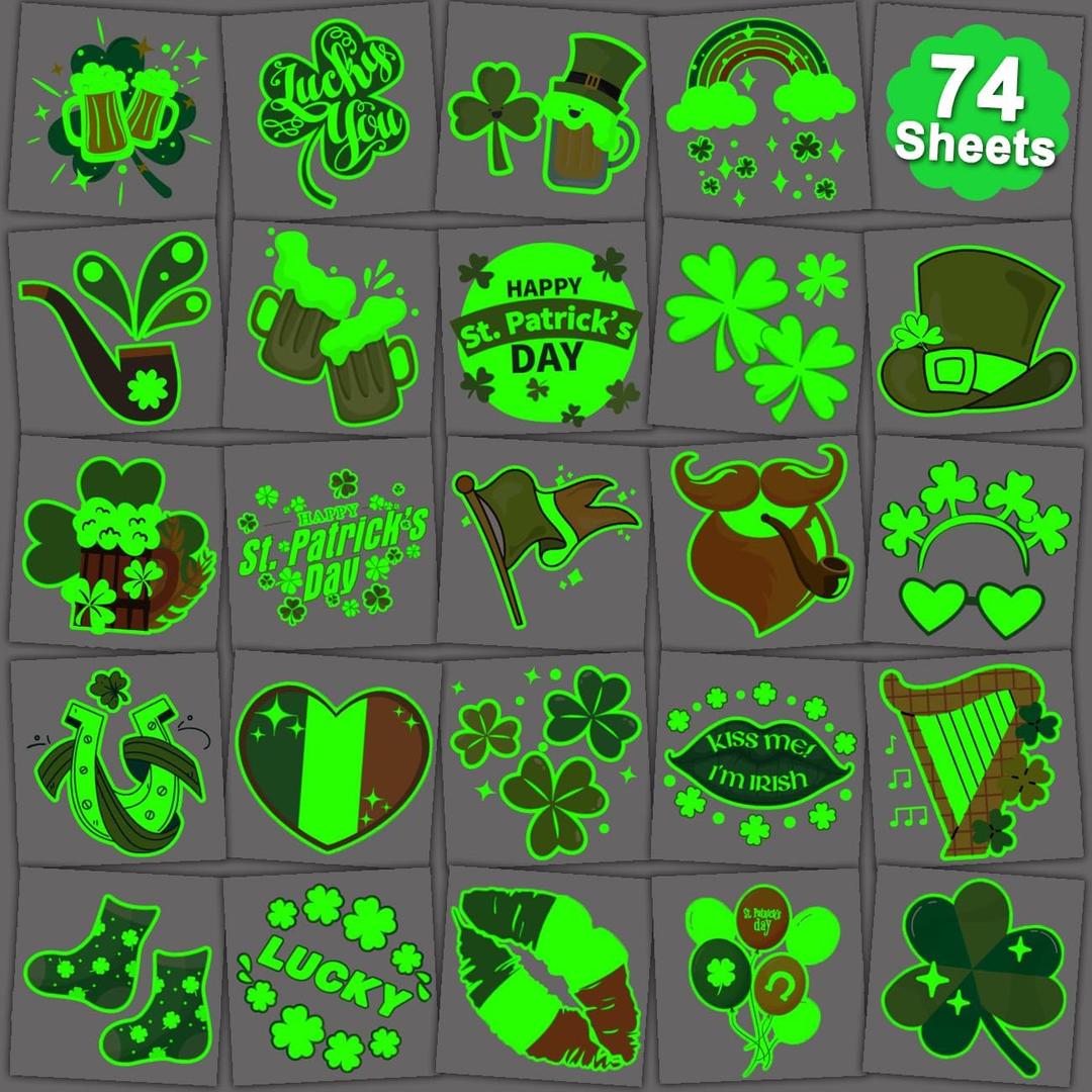 4 x Glow in The Dark St Patrick's Day Temporary Tattoos for Kids - 74 Individually Sheets Luminous St. Patrick's Day Tattoos for Boys Girls Party Favors Goodie Bag Fillers