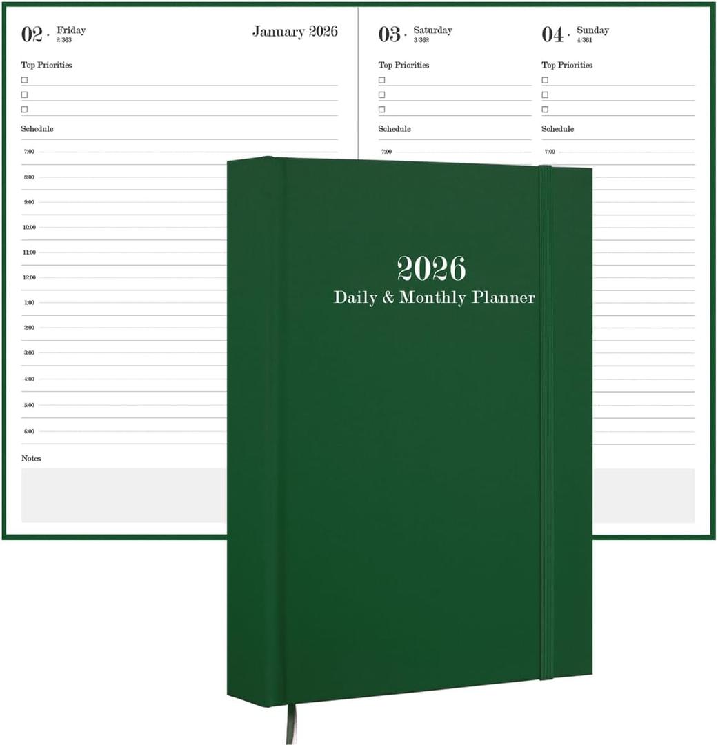 2026 Daily & Monthly Planner - 2026 Daily Planner One Page Per Day from January 2026 to December 2026, 5.8" x 8.3" Hourly Appointment Book Perfect Organizer Daily Life, Fabric Cover, Green