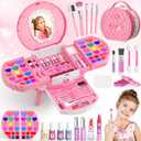 PERRYHOME Kids Makeup Kit for Girl, 59 Pcs Washable Real Cosmetic Set with Mirror, Non-Toxic Kids Makeup Set, Toddler Nail Polish Kit, Princess Makeup Toys & Birthday Gifts for 3-12 Years Old (Pink)