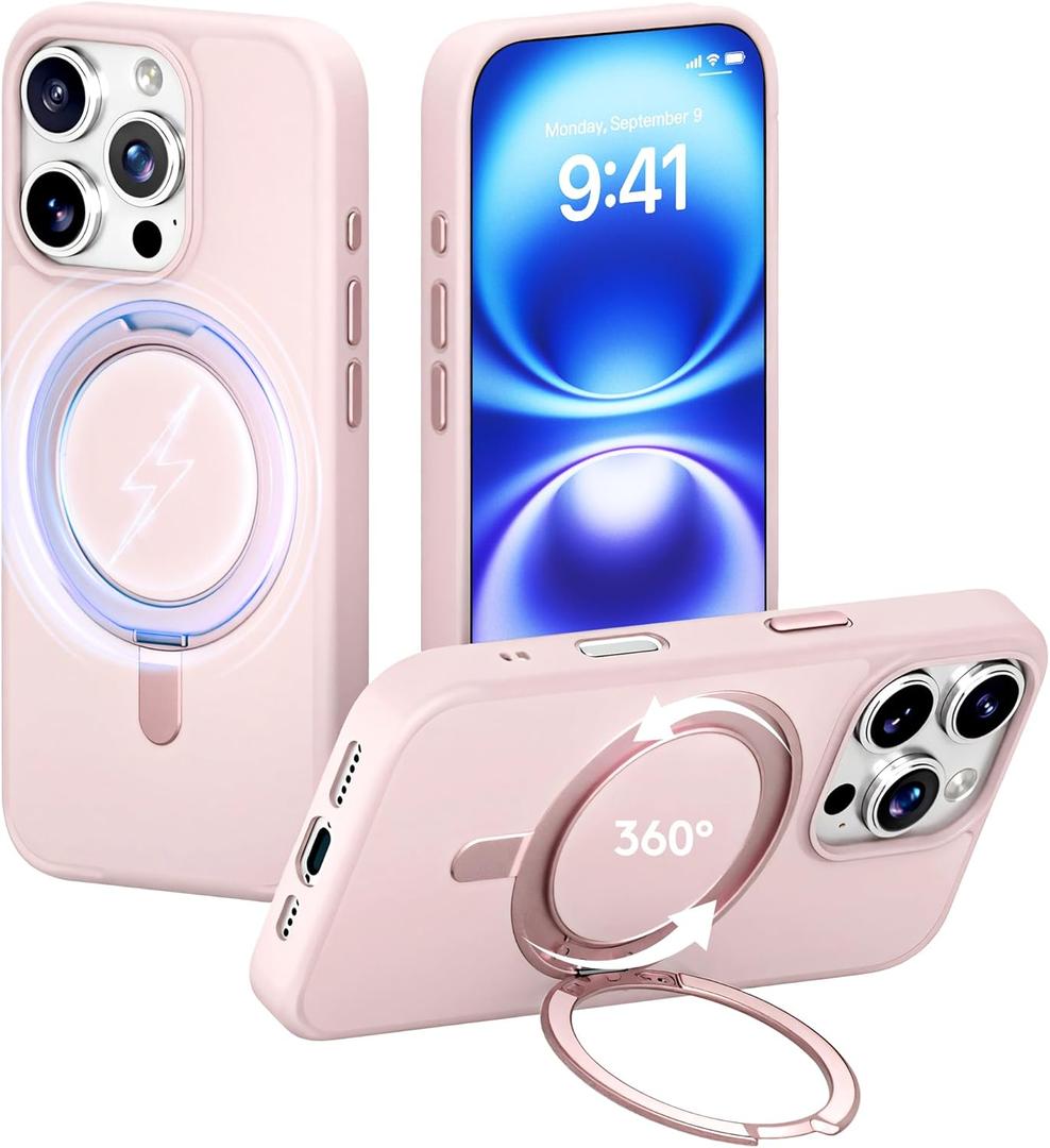 Designed for iPhone 16 PRO MAX Case Built-in Magnetic 360Invisible Stand [Military Drop Protection] [Compatible with MagSafe] Shockproof Skin Friendly Matte for 16 Pro Max Case 6.9in, Pink