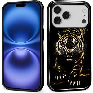 for iPhone 17 Pro Case, Golden Tiger Pattern Glossy 2 in 1 Shockproof Bumper Drop Protective Case for Girl Women Boy Men