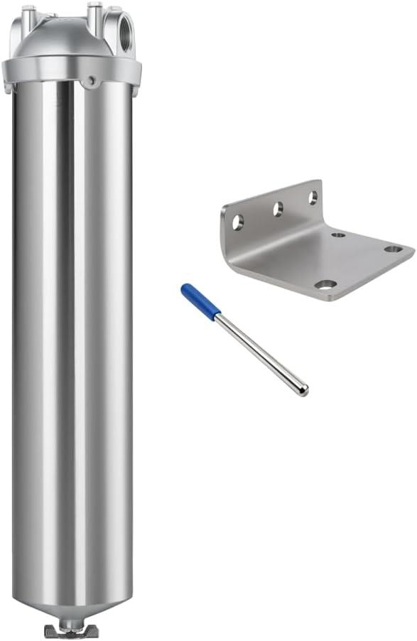 NSF/ANSI 42 Stainless Steel Whole House Water Filter Housing, 20" x 2.5" Sediment Water Filter System for Heavy Duty, Well & City Water, 1" NPT Port, Drain Valve Style A(Wing)