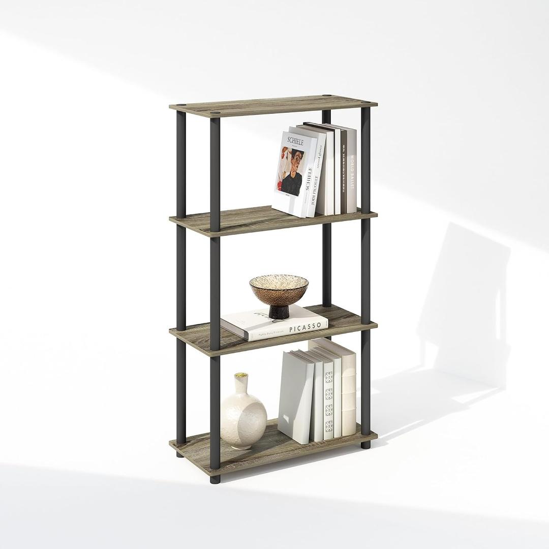 Furinno Turn-N-Tube Book Shelf, 4-Tier Bookshelf, Bookcase with Multipurpose Compact Display Rack, 11.6 x 23.6 x 43.2, for Living Room, Bedroom, Home Office, French Oak/Black, 4-Tier Round Tube