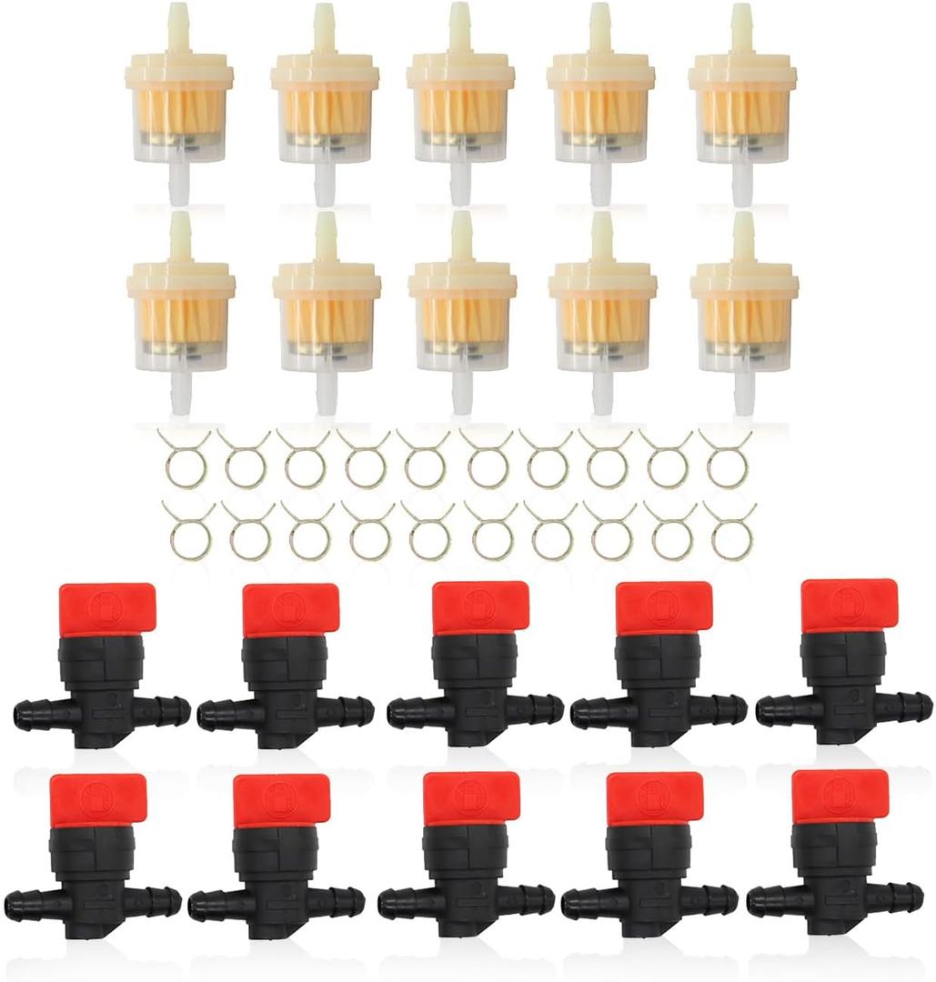 10PCS 1/4" Straight InLine Gas Fuel Shut Off Valves with Fuel Filter Clamps 493960 494768 698183 Cut Off Valves Compatible with 5019H 5019K 24507 34212 AM36141 AM107340 54-3150 1-603770
