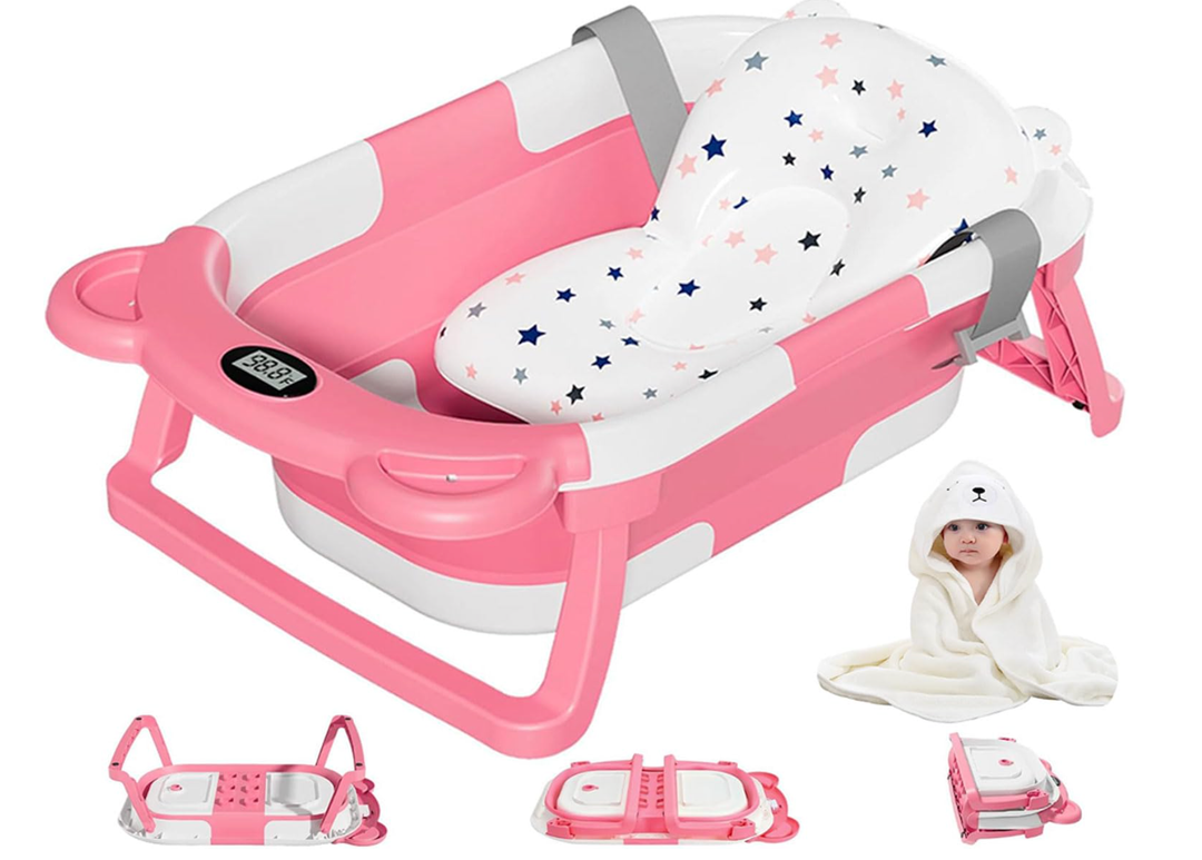 MoreFeel Collapsible Baby Bathtub for Newborn with Thermometer & 1 Hooded Towel & 1 Soft Floating Cushion,Portable Travel Bathtub with Drain Hole, Durable Foldable Baby Tubs for Infants to Toddler