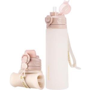 TakeToday Collapsible Water Bottles 21oz (600mL), Foldable Platinum Silicone Travel Water Bottle with Straw & Carry Strap, Leak-Resistant Screw Lid, Wide Mouth, BPA-Free for Hiking, Camping, Travel, Desert Sand