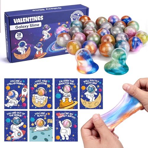 28 Pack Valentines Day Gifts for Kids Classroom, Galaxy Slime Valentines Day Cards for Kids School, Fun Classroom Valentines for Class Exchange Cards Party Favors for Boys Girls Students