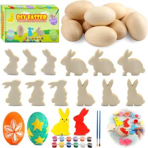 Worgree Easter Egg Painting Kit, 24pcs Wooden Eggs and Bunny for Easter Crafts Basket Stuffers Gifts for Kids Toddlers Boys Girls Ages 4-8 8-12 Birthday Party Favors Classroom Prizes DIY Decor