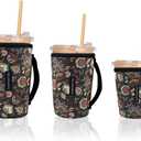 Thermal Foil Insulated Iced Coffee Cup Sleeves, 16-32oz Reusable Neoprene Coffee Sleeve with Handle, Gifts for Coffee Lovers Women (Green Flowers)
