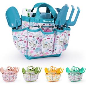 Kids Gardening Set Toys, Quality Garden Tool Kit for Kids and Toddlers, Includes Two Shovels, Garden hat,Rake, Apron,Gloves, Watering Can, and Tool Bag (Blue)