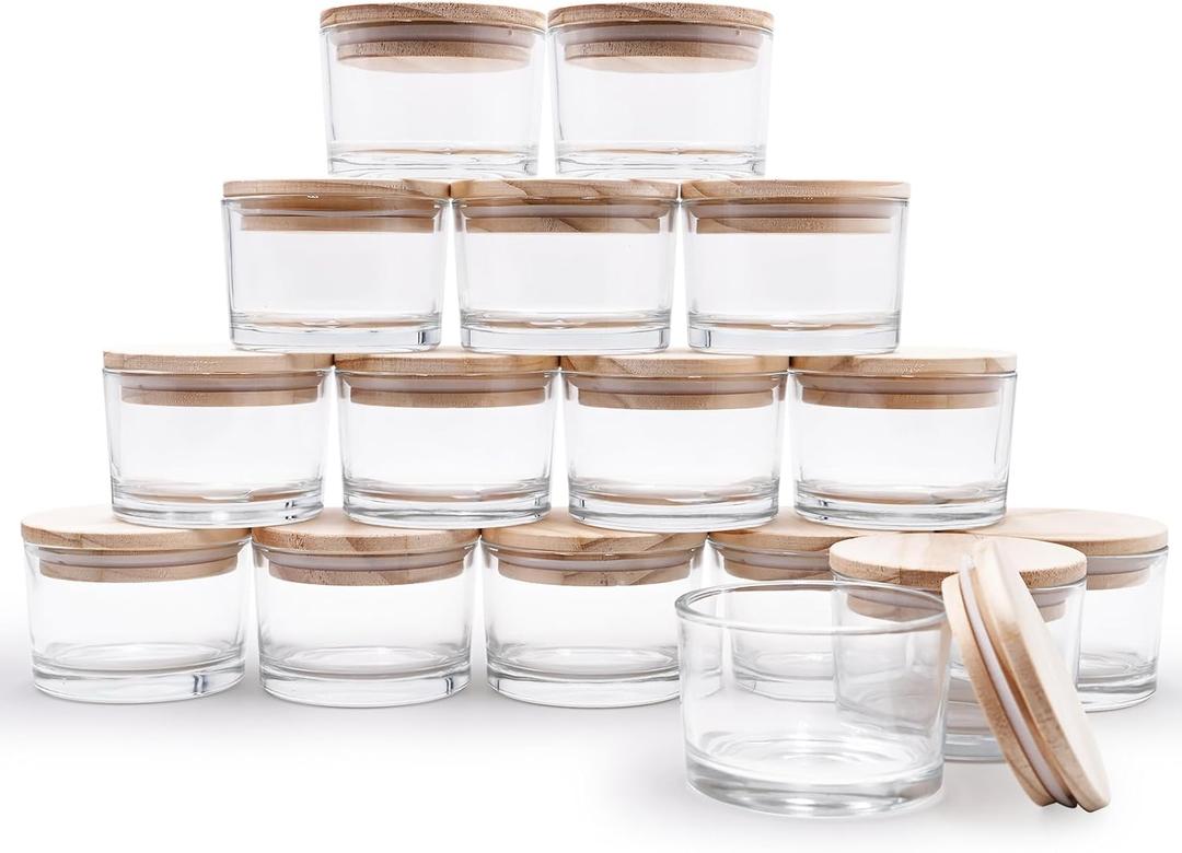 SHOWIN Thick Candle Jars for Making Candles 16 Pcs, 4 OZ Empty Jars with Wood Lids for Candle Making, Sample Container - Dishwasher Safe,Clear