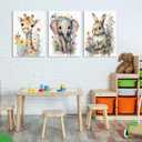 3Pcs Safari Animal Nursery Canvas Wall Art Watercolor Baby Animals with Wildflowers Picture Posters Wall Decor Cute Giraffe Elephant Rabbit Painting Print Artwork for Kids Children Room Decor 16x24in