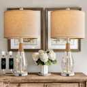 OYEARS 23" Table Lamps for Living Room Set of 2 Bedside Lamps for Night Stands Bedroom Lamps Farmhouse Rattan Boho Lamp Glass Nightlight End Table Lamp with USB C+A (White),Two Light Points (White-Set of 2)