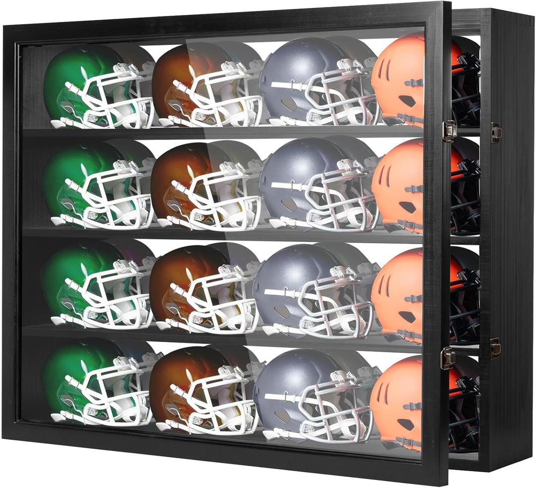 Mini Football Helmet Display Case - Wall Mount Display case w/UV Protection & Mirror Back - Premium Solid Wood Cabinet