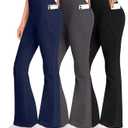 AENLLEY Girl Yoga Flare Wide Leg Tummy Control Stretchy Pants for Causal with Pockets 3 Pack (X-Large, Black/Grey/Navy)