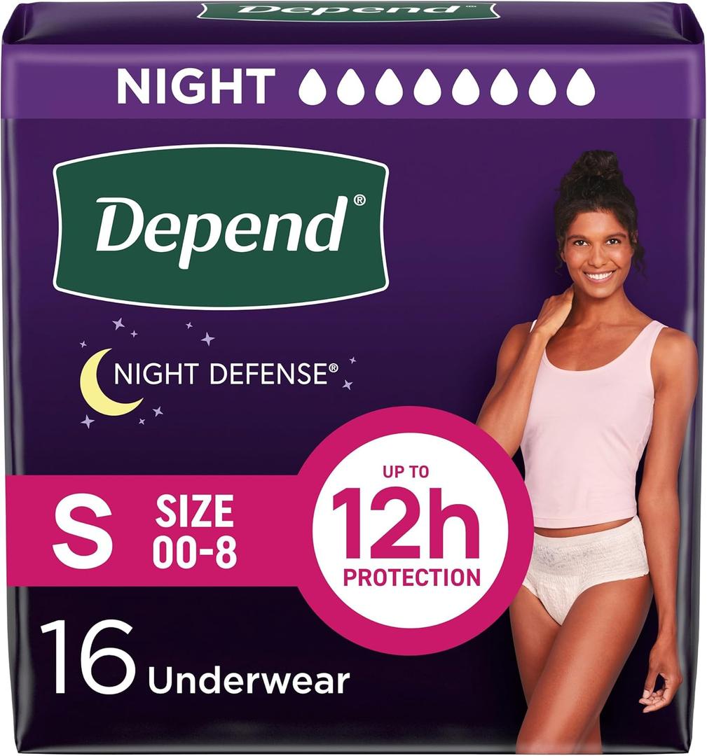 Depend Night Defense Adult Diapers, Incontinence & Postpartum Bladder Leak Underwear for Women, Disposable, Overnight, Small, Blush, 16 Count 