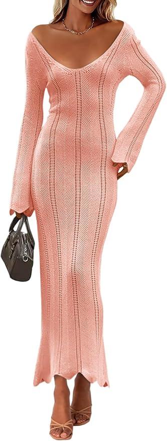 Saodimallsu Womens Crochet Maxi Dress Bell Long Sleeve Sexy V Neck Bodycon Backless Knit Dresses Beach Swim Cover Up
, M