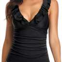 Yonique Women's Tankini Top Only Tummy Control Bathing Suit Top Ruffle Swimsuit Top V Neck Swim Tank Top No Bottom (Black, M)