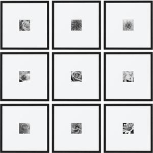 eletecpro 16x16 Picture Frames Set of 9, Classic Gallery Wall Frame Set for 4x4 Photos with Mat or 16x16 without Mat, Large Picture Frame for Art Prints, Black Poster Frames for Home Decor Wall