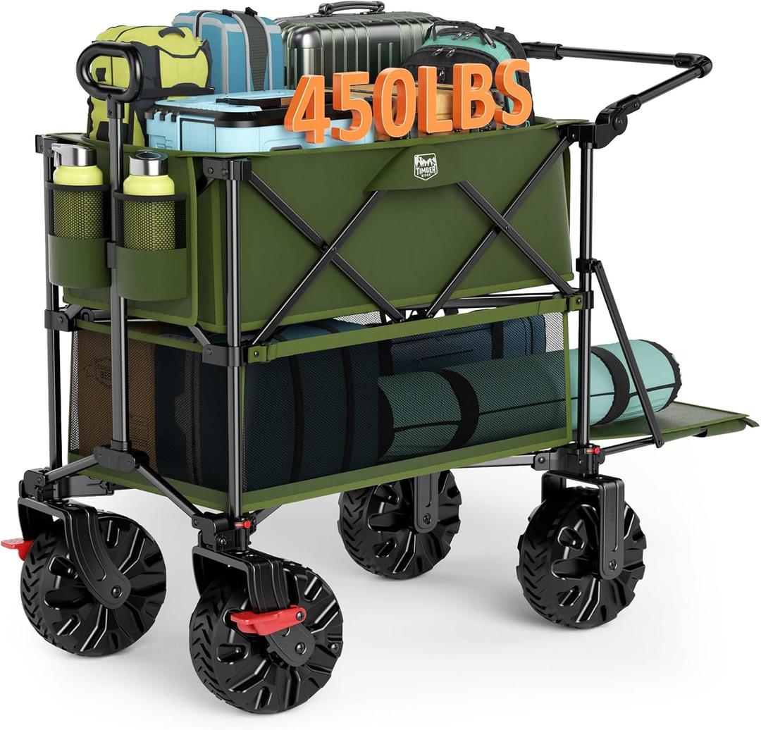 TIMBER RIDGE Push & Pull Double Decker Wagon, 400L Large Capacity Heavy Duty & 450lb Load, Collapsible Cart with All-Terrain Wheels & Brakes, 54 Extended Foldable for Sports, Beach, Camping, Green
