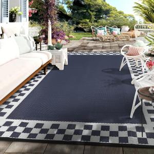9x18 Outdoor Rug Waterproof Large Camping Rugs Reversible Plastic Straw RV Mat, Foldable Fade-Proof & Hose-cleanable Outdoor Carpet with Stakes & Carry Bag for Patio Deck Beach Blue White