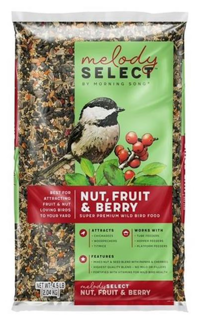 Morning Song 14056 Melody Select Series Wild Bird Food, Premium, Waste-Free, Fruit, Nut Flavor, 10 lb Bag, BBD: 01/01/2026