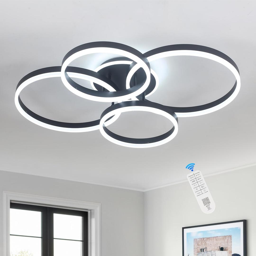 Modern LED Ceiling Light 4-Rings Dimmable 34 Black Ceiling Lamp with Remote for Living Room, Metal Circle Flush Mount Chandelier Lighting for Dining Room(110W 3000K-6500K)
