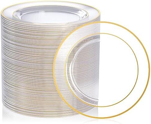FOCUSLINE 100 Count Clear Gold Plastic Plates 7 Inch, Disposable Heavy Duty Clear Plates with Gold Rim, Premium Hard Plastic Plates Fancy Disposable Clear Salad Plates for Wedding Parties
