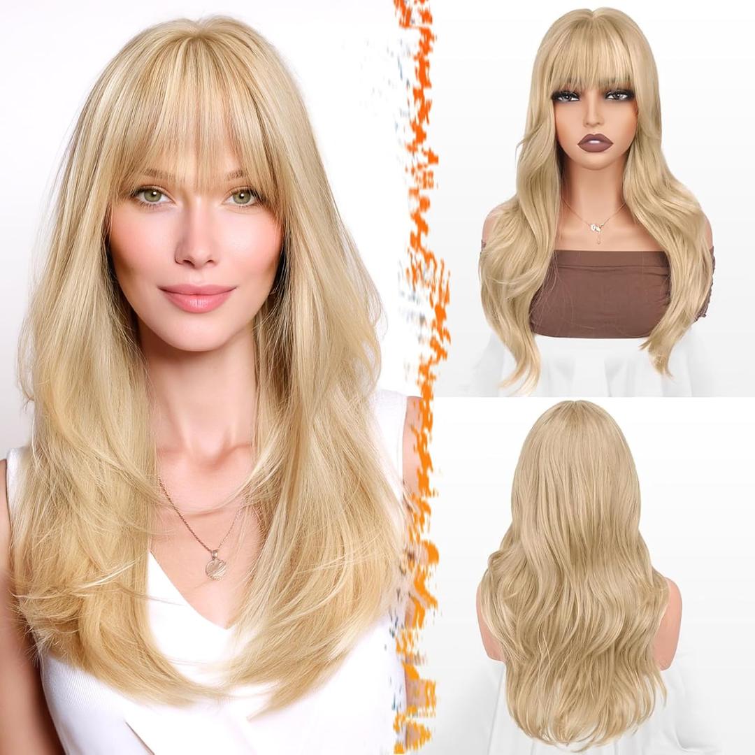 BARSDAR Beige Blonde Layered Wig with Bangs - 20 Inch Blonde Layered Wig with Bangs for Women - Natural Looking Soft Wavy Synthetic Wigs Straight Layers Haircut Fringe Daily Party Halloween
