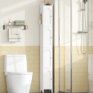 Hzuaneri 70.9" H Bathroom Storage Cabinet, Tall Corner Cabinet with 4 Doors | Slim Freestanding Floor Cabinet with Adjustable Shelf and Arched Door for Small Spaces, 7.9" D x 7.9" W x 70.9" H White