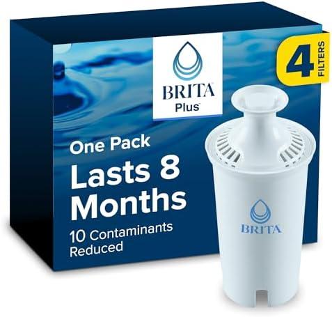 Brita Plus Water Filter, BPA-Free, High-Density Replacement Filter for Pitchers and Dispensers, Reduces 2x Contaminants*, Lasts Two Months or 40 Gallons, Includes 4 Filters