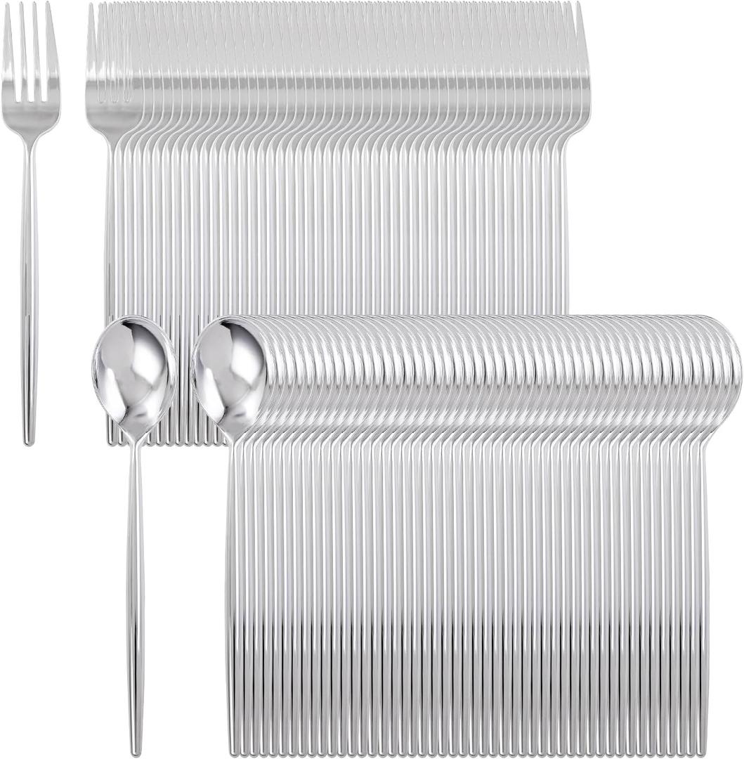 SUT 200Pcs Plastic Silverware,Plastic Spoons and Forks, Disposable Silverware,Silver Plastic Silverware, Disposable Forks and Spoons, Includes 100 forks, 100 spoons for Party, Birthday, Wedding