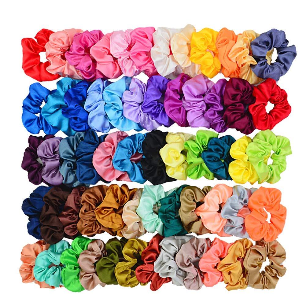 Chloven 60 Pack Satin Scrunchies for Women - Satin Silk Srunchies for Hair Scrunchie Bulk Girl Scrunchies Silk Hair Ties No Damage Ponytail Holders Satin Hair Tie for Thick, Curly Hair