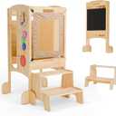 Toddler Tower, 6 in 1 Foldable Toddler Tower with 2 Step Stool,Toddler Standing Tower with Safety Equipment and Chalkboard