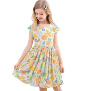 2 x Girls Floral Print Summer Sundresses with Ruffle Flutter Sleeve in Soft Cotton A-Line Smocked Flowy Design for Casual Boho Style Ages 4-12 Years, 170