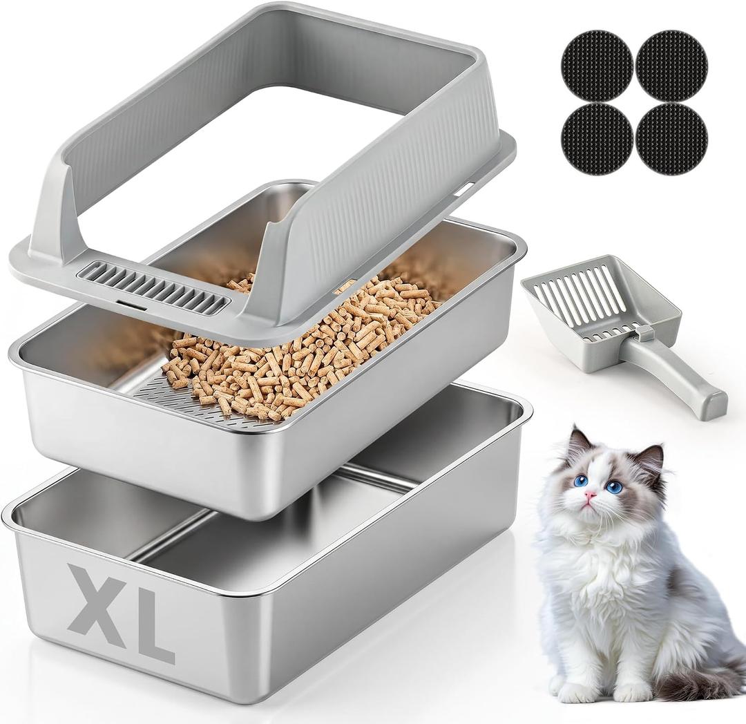 Stainless Steel Sifting Litter Box for Pine Pellets, Sifting Cat Litter Box with Sifter, High Side for Small Cats, Anti-Leakage, Odor Control, Includes Scooper, 22.4" x 14.6" x 11"