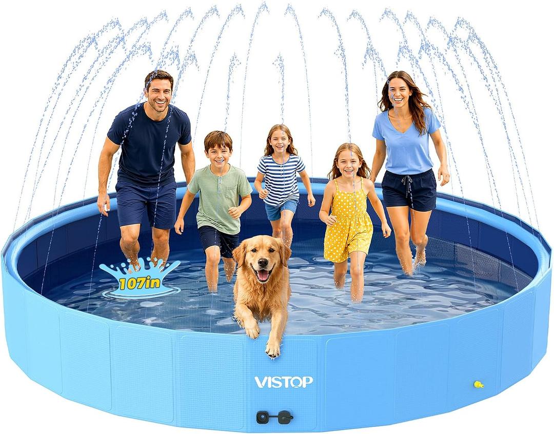 VISTOP 107" Foldable Dog Pool with Sprinkler, Extra Large Kiddie Pool for Kids & Pets, Non-Slip Hard Shell Collapsible Backyard Splash Pad for Outdoor Summer Water Play