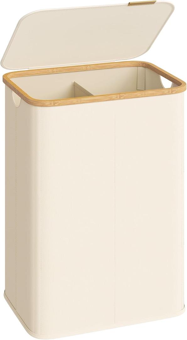 SONGMICS Laundry Hamper, Laundry Basket with Lid, Foldable Storage Basket, Bamboo Frame, for Bedroom, Living Room, Oxford Fabric, 37 Gal. (140 L), Cream White ULCB519WD01