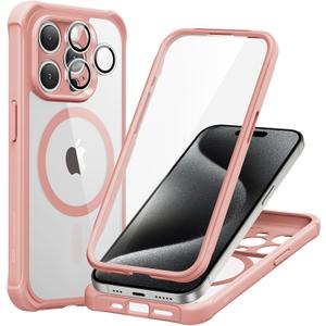 ESR for iPhone 15 Pro Case, Compatible with MagSafe, Full-Body Military-Grade Drop Proof Case for iPhone 15 Pro with Built-in 9H+ Tempered Glass Screen Protector, Clear Pink