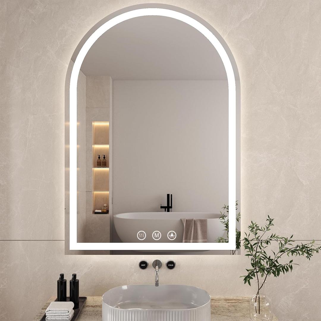 LED Bathroom Mirrors with Lights 30"x40" Arched Mirror for Wall,Led Vanity Mirror, Anti-Fog,LED Mirrors with Front Light and Backlit, Anti-Fog, Dimmable, 3 Color, Shatterproof, Touch Sensor