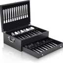 DoubleFill 2 Layer Leather Silverware Storage Box with Lid and Handles, Anti Tarnish Silverware Storage Chest Case with Felt-lined for 12-16 or More Sets of Utensils Flatware Gifts, 15.3x11.2x5.7 Inch (Black)