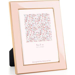 5x7 Enamel Picture Frame, Gold Metal Edge with Easel, Real Glass Photo Frame for Wall and Tabletop Display Family Office Photo Gallery, Pink Enamel/1pc